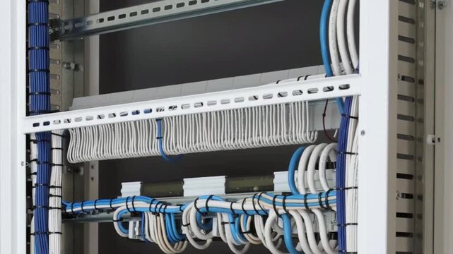 The reverse side of the electrical switchboard. The connected wires are tied with plastic ties.