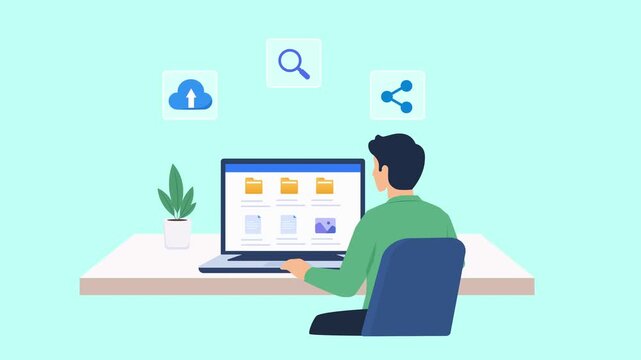Modern flat vector animation showing a person working on a laptop with floating cloud, search, and sharing icons, representing remote work, digital collaboration, online services, and productivity.