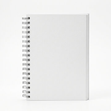 Highly realistic blank spiral-bound notebook with a clean plain white front cover, visible metal spiral binding, slightly textured cardstock and crisp rectangular edges