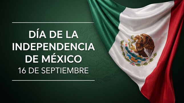 Mexican Independence Day banner, Dia de la Independencia de Mexico celebration, national flag on dark green background