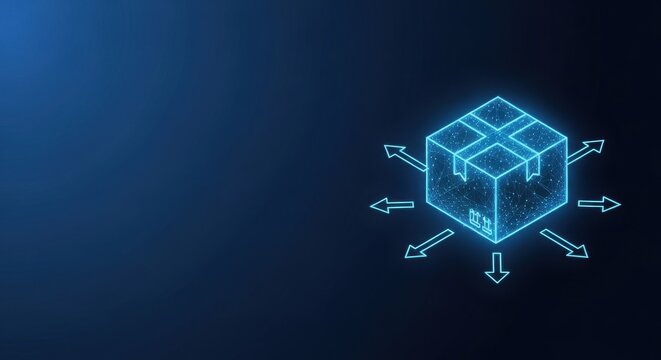 Digital delivery box with distribution arrows representing logistics and supply chain management