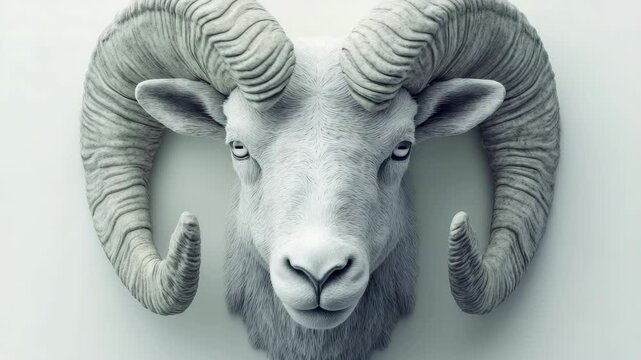Frontal Portrait of a White Ram Head with Spiral Horns