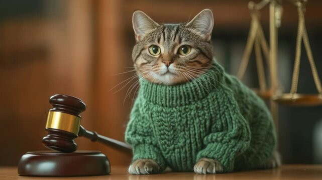 Serious Cat in a Green Knit Sweater with Gavel and Justice Scales