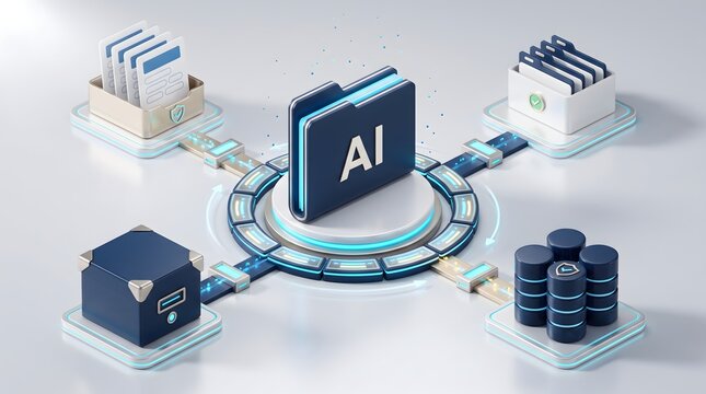 Artificial intelligence secure data management network with AI folder central hub connecting to protected database and verified documents
