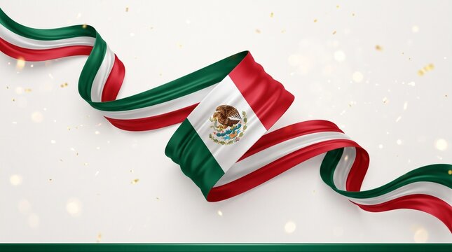 Mexican flag ribbon with festive bokeh lights, waving Mexico national colors on white background, patriotic tricolor banner for independence day