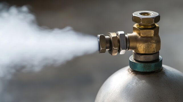 canister. Gas canister valve releasing forceful vapor burst, metallic industrial dynamic detail. safety posters, maintenance manuals, designed for industrial assembly lines and welding operations.