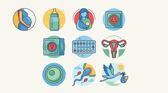 Reproductive health and family planning icon set: pregnancy, baby bottle, mother and child, contraception, fertility, stork with baby