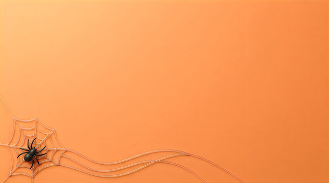 Black spider on web with thick threads against orange background, top view with copy space for text, Halloween decoration and horror concept