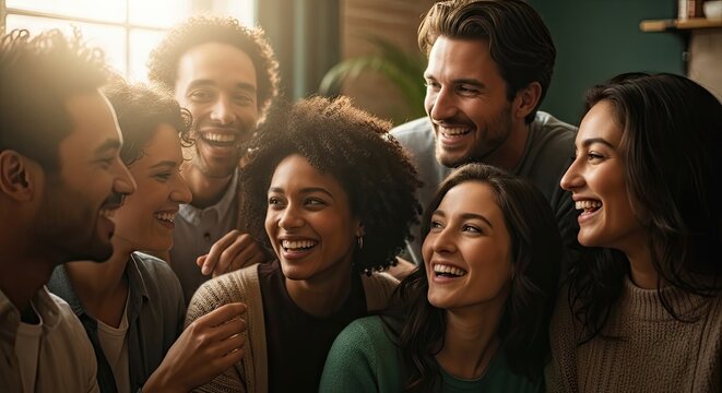 Diverse group of happy friends laughing indoors.
