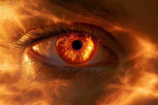 Intense fiery gaze of a human eye, surrounded by swirling orange flames