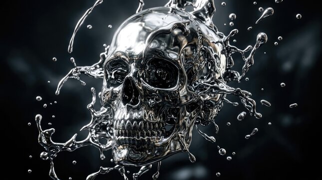 A metallic skull is violently shattered by a cascade of water, creating a dramatic and surreal image.