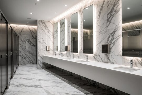 Modern restroom with elegant marble walls. Sinks and mirrors line a long counter, with private stalls visible. Contemporary design promotes cleanliness and comfort for users.