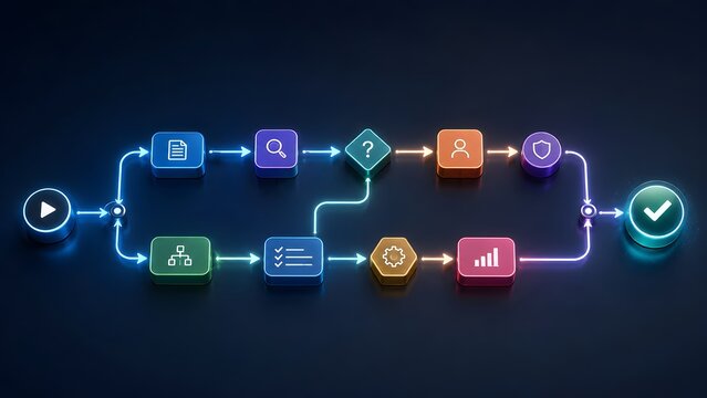 Digital workflow algorithm flowchart 3D illustration showing document path through verification user interaction security and final approval