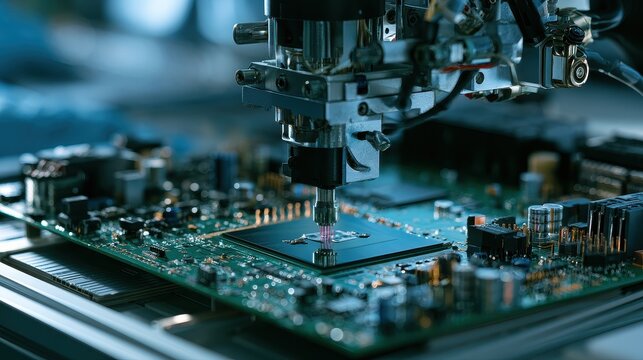 Printed Circuit Assembly solder connection manufacturing automation quality assurance focus on clean production facility vibrant Composite electronics assembly bench. 