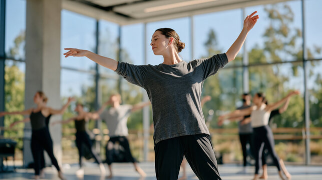 Dance instructor and students fill a minimalist studio in a wide establishing shot as a same day delivery courier wheels a package of new equipment through the studio entrance, energy of arrival ene