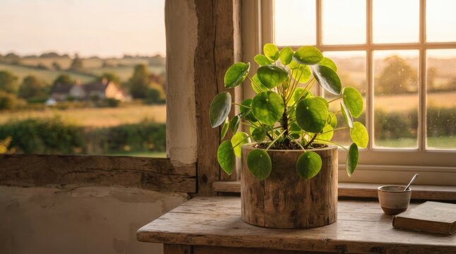 A potted Peperomia plant sits on a weathered wooden windowsill, bathed in the warm glow of a sunset.