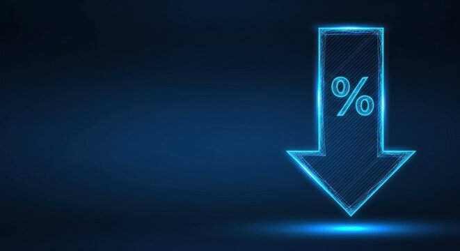 Neon blue down arrow with percent symbol indicating price reduction or discount on dark background