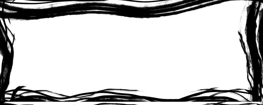 Animated black ink brush stroke border frame with grunge texture edges moving around white space seamless looping motion graphic video background clip