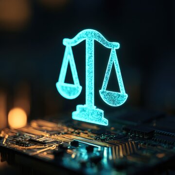 Glowing digital scales of justice hover over a circuit board