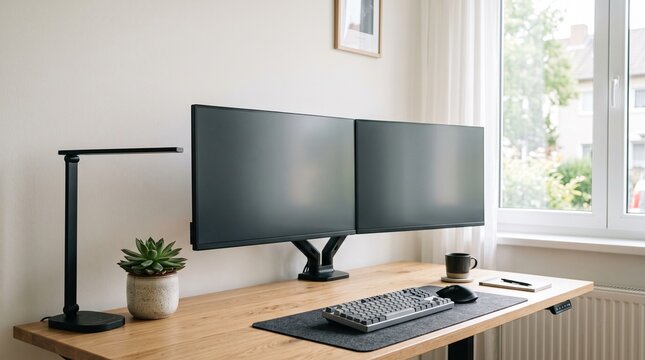 Modern Dual Monitor Setup on Light Oak Desk with Lamp and Succulent