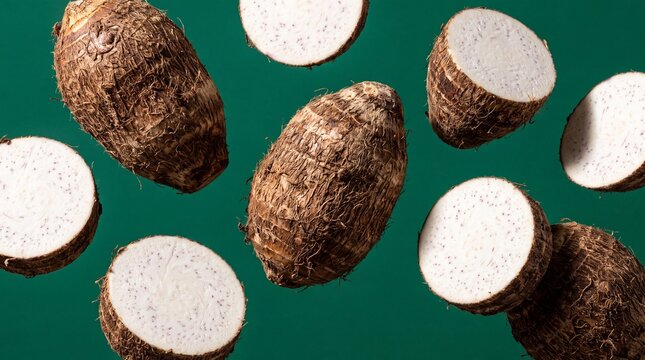 Floating taro roots and slices on green background