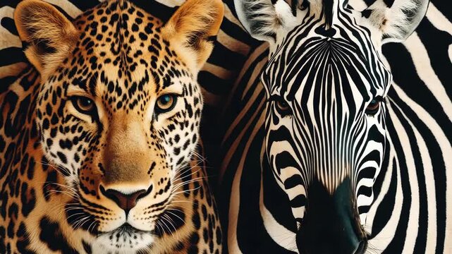 Close-up Portrait of a Leopard and a Zebra Side by Side