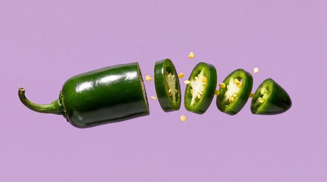 Sliced green jalapeno pepper with flying seeds on purple background