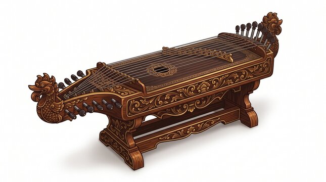 Exquisite Traditional Indonesian Celempung Zither with Intricate Wood Carvings on White Background