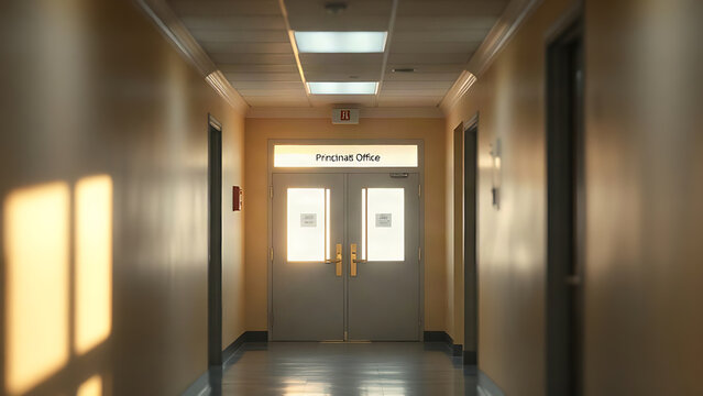 A school hallway with a frosted glass door labeled Principal's Office.