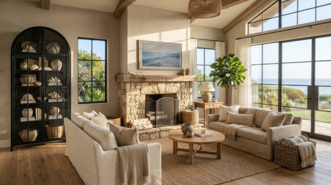 Sunlight floods a spacious, rustic living room featuring a large stone fireplace and expansive windows overlooking a coastal view.
