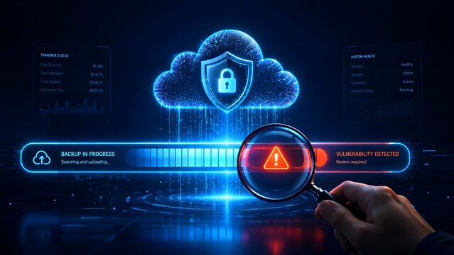 Cybersecurity concept showing cloud data backup vulnerability detection with glowing red warning alert and magnifying glass