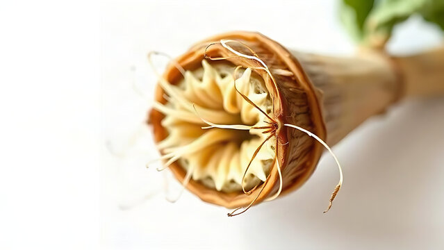 Botanical illustration of a plant stem with a clean cut and emerging white root hairs.
