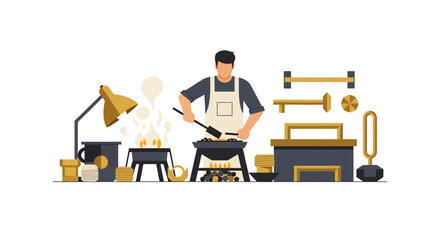 Fototapeta premium Professional Craftsman in Minimalist Workshop Flat Vector Illustration