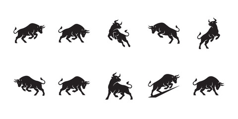 Obraz premium Hanwoo cattle pose set. Korean native cattle silhouettes in active poses for Hanwoo beef, livestock, ranching, agriculture, farming, and Korean cattle themed designs.