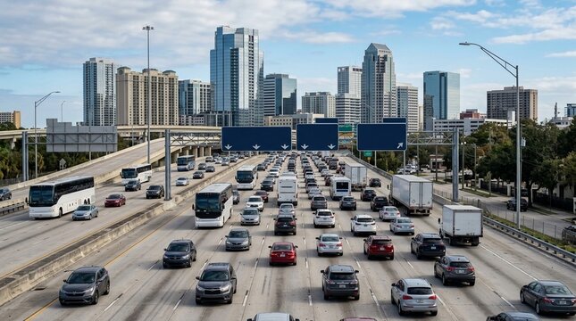 Busy urban highway traffic with a cityscape backdrop during peak commute hours