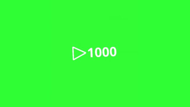 Animated play button with a 1000 play count on a bright green screen, ideal for video view milestones, social media engagement, content creator graphics, media interfaces, and chroma key overlays.
