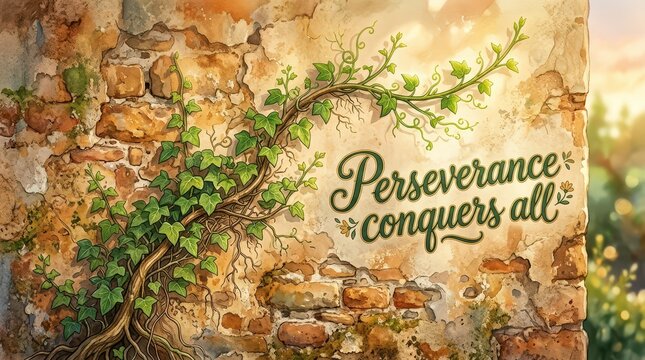 Inspirational quote "Perseverance conquers all" on a textured, weathered brick wall with a climbing vine