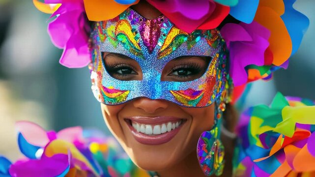 Smiling Woman in Colorful Carnival Mask and Feathered Headpiece