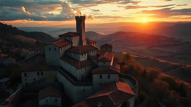 A medieval stone village on a hillside at sunset, with warm light on red-tiled roofs.