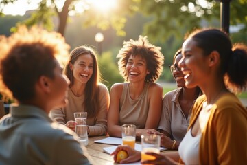 Obraz premium Diverse group of happy young women laughing together outdoors at sunset