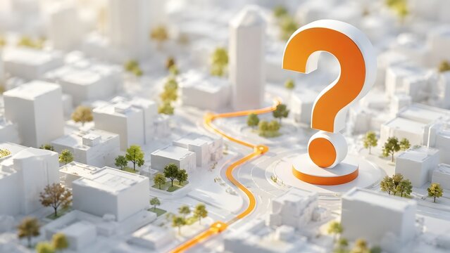 Large 3D orange question mark with glowing path in miniature white city model representing urban planning queries and navigation direction