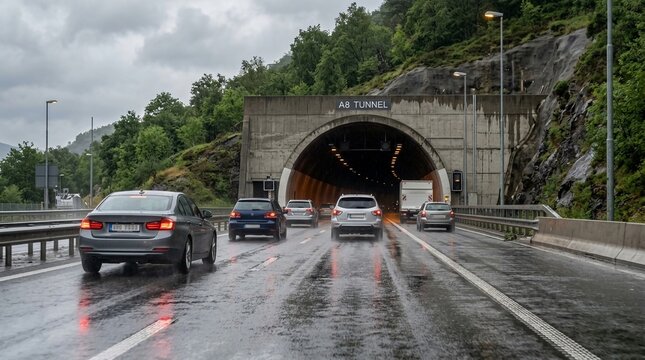 Cars driving on wet highway towards A8 tunnel entrance on a rainy day