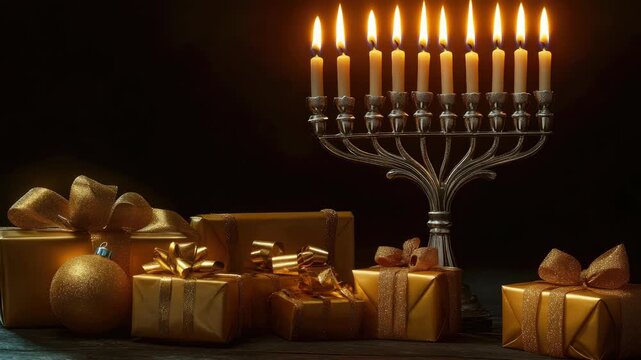 Hanukkah Menorah with Lit Candles and Gold Gifts