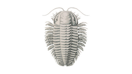 Detailed scientific illustration of a prehistoric trilobite fossil specimen from an antique natural history archive © Rasheed