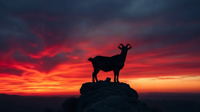 A solitary black goat standing on the edge of a desolate, rocky cliff at dusk.