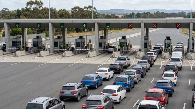 Cars waiting in a long queue at a busy highway toll plaza during daylight hours with traffic signals active.
