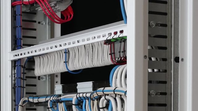 The reverse side of the electrical switchboard. The connected wires are tied with plastic ties.