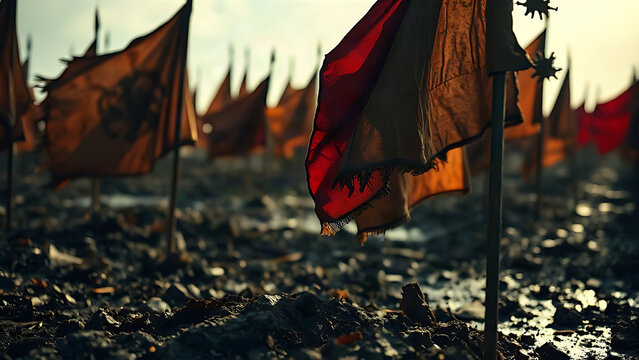 Tattered medieval battle flags planted in muddy ground, cinematic low-angle shot.