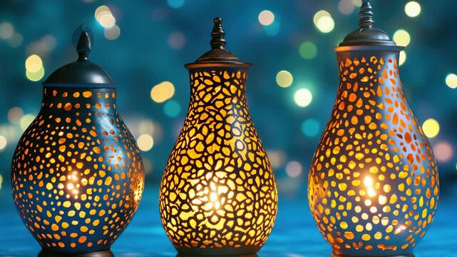 Three Ornate Moroccan Lanterns with Filigree Patterns Glowing in the Dark