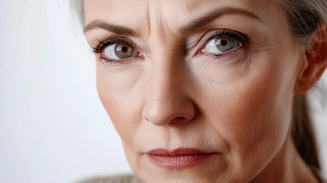 Close-up Portrait of a Mature Woman with Wrinkles and Serious Gaze